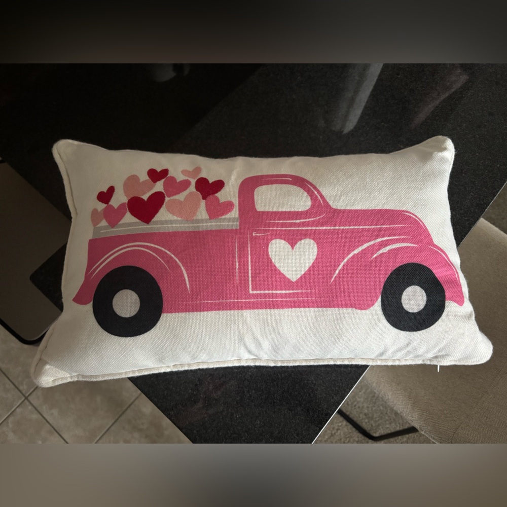 Valentines Day Pink Truck Heart Pillow